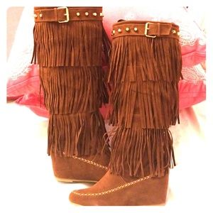 Brown Wedge Heeled Moccasin Boots S - 8.5